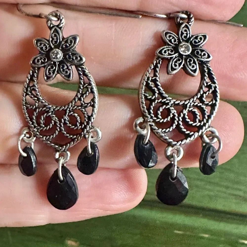 Silver tone and black  beaded dangling earrings
